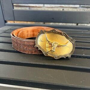 Vintage Brass Longhorn Buckle Tony Lama Brown Stitched Leather Belt Size 40